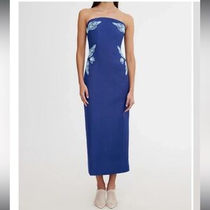 Significant Other Rosslyn Strapless Blue Embroidered Midi Dress - Size 4 US